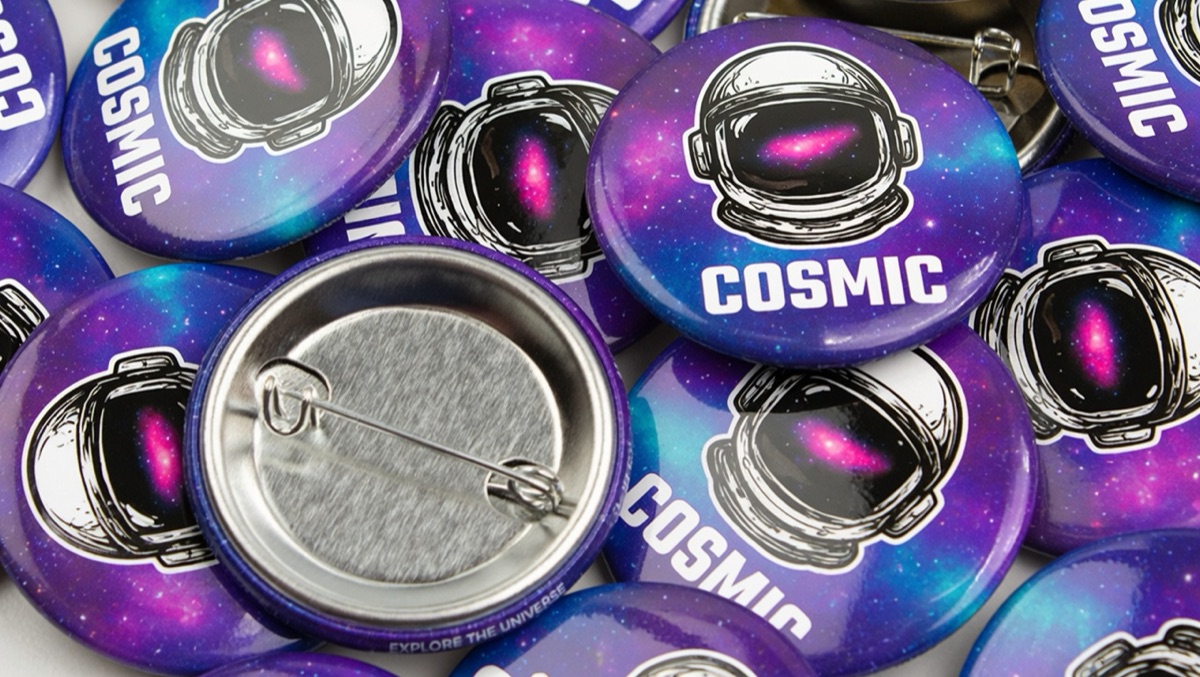 Full-colour band buttons showing the pin-back construction