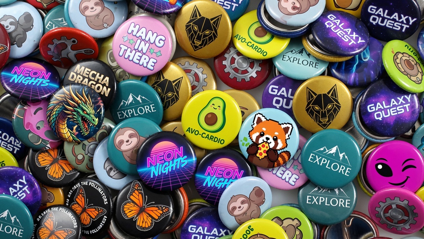 A colourful pile of custom pinback buttons pressed in Toronto