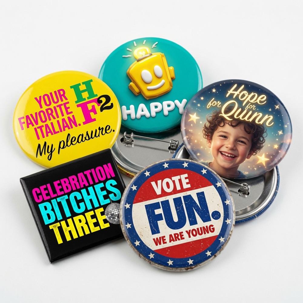 Assorted custom party and celebration buttons